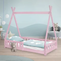 Kinderbett Tipi 80x160 cm Rosa aus Kiefernholz mit Rausfallschutz und Lattenrost Holzbett ML-Design