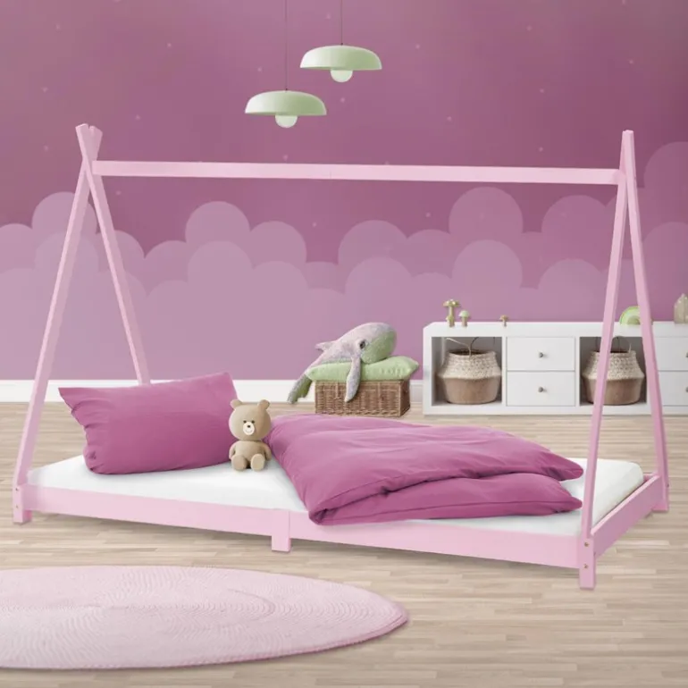 Kinderbett Tipi 90x200 cm Rosa aus Kiefernholz Holzbett mit Lattenrost ML-Design