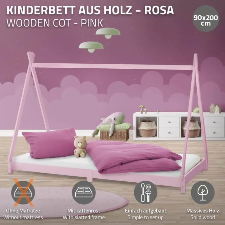 Kinderbett Tipi 90x200 cm Rosa aus Kiefernholz Holzbett mit Lattenrost ML-Design