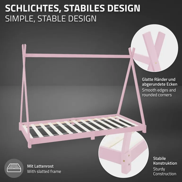 Kinderbett Tipi 90x200 cm Rosa aus Kiefernholz Holzbett mit Lattenrost ML-Design