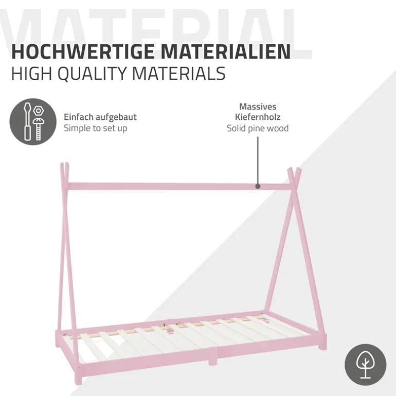 Kinderbett Tipi 90x200 cm Rosa aus Kiefernholz Holzbett mit Lattenrost ML-Design