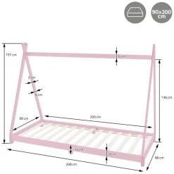Kinderbett Tipi 90x200 cm Rosa aus Kiefernholz Holzbett mit Lattenrost ML-Design