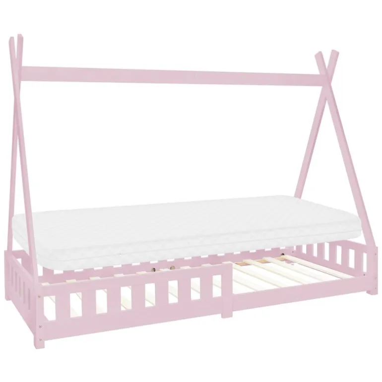 Kinderbett Tipi 90x200 cm Rosa aus Kiefernholz inkl. Matratze H-10cm Rausfallschutz und Lattenrost ML-Design