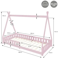 Kinderbett Tipi 90x200 cm Rosa aus Kiefernholz inkl. Matratze H-10cm Rausfallschutz und Lattenrost ML-Design