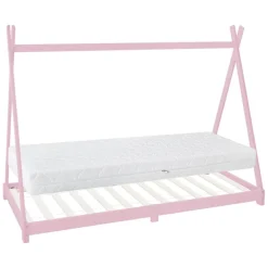 Kinderbett Tipi 90x200 cm Rosa aus Kiefernholz inkl. Matratze H-16cm Holzbett mit Lattenrost ML-Design