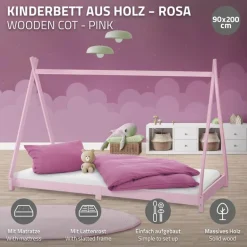 Kinderbett Tipi 90x200 cm Rosa aus Kiefernholz inkl. Matratze H-16cm Holzbett mit Lattenrost ML-Design