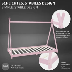 Kinderbett Tipi 90x200 cm Rosa aus Kiefernholz inkl. Matratze H-16cm Holzbett mit Lattenrost ML-Design