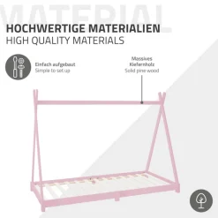 Kinderbett Tipi 90x200 cm Rosa aus Kiefernholz inkl. Matratze H-16cm Holzbett mit Lattenrost ML-Design