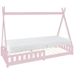 Kinderbett Tipi 90x200 cm Rosa aus Kiefernholz inkl. Matratze H-16cm Rausfallschutz und Lattenrost ML-Design