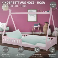Kinderbett Tipi 90x200 cm Rosa aus Kiefernholz inkl. Matratze H-16cm Rausfallschutz und Lattenrost ML-Design