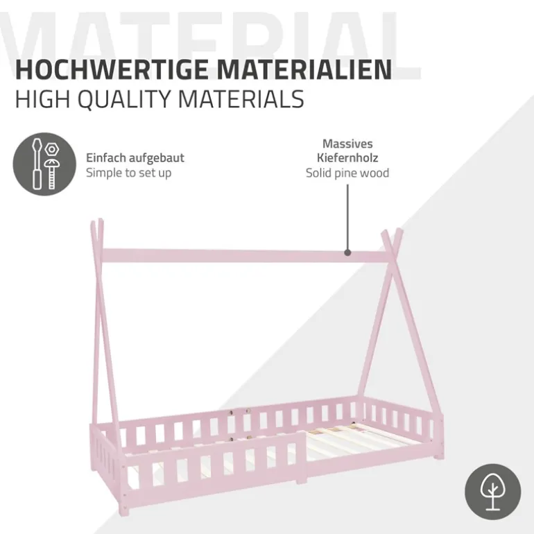 Kinderbett Tipi 90x200 cm Rosa aus Kiefernholz inkl. Matratze H-16cm Rausfallschutz und Lattenrost ML-Design