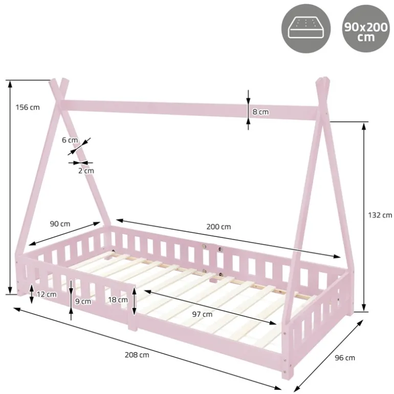 Kinderbett Tipi 90x200 cm Rosa aus Kiefernholz inkl. Matratze H-16cm Rausfallschutz und Lattenrost ML-Design