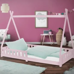Kinderbett Tipi 90x200 cm Rosa aus Kiefernholz mit Rausfallschutz und Lattenrost Holzbett ML-Design