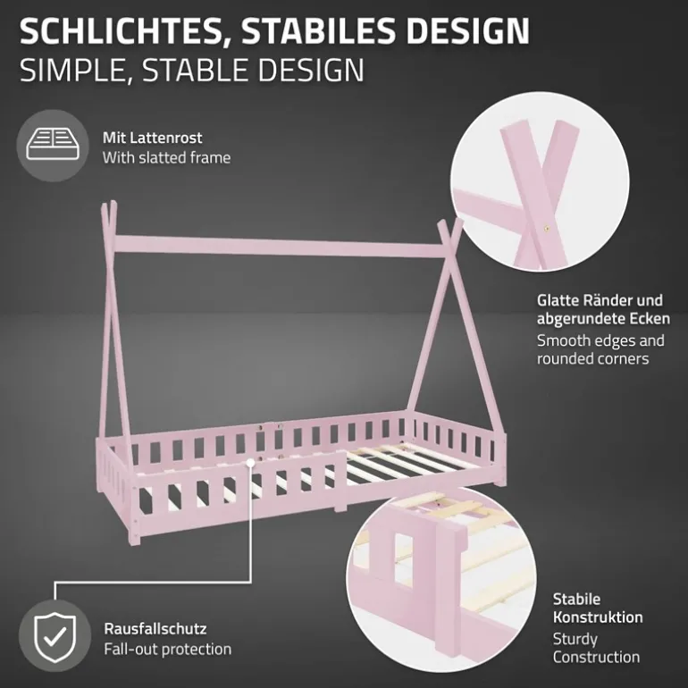 Kinderbett Tipi 90x200 cm Rosa aus Kiefernholz mit Rausfallschutz und Lattenrost Holzbett ML-Design