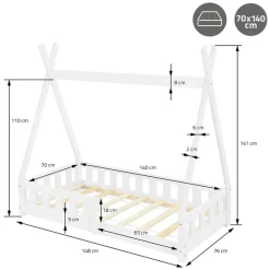 Kinderbett Tipi 70x140 cm Weiß aus Kiefernholz inkl. Matratze H-10cm Rausfallschutz und Lattenrost ML-Design