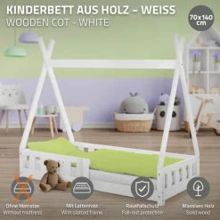 Kinderbett Tipi 70x140 cm Weiß aus Kiefernholz mit Rausfallschutz und Lattenrost Holzbett ML-Design