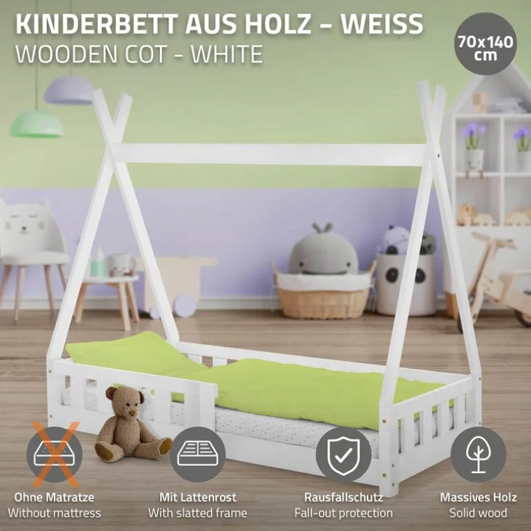 Kinderbett Tipi 70x140 cm Weiß aus Kiefernholz mit Rausfallschutz und Lattenrost Holzbett ML-Design