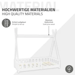 Kinderbett Tipi 70x140 cm Weiß aus Kiefernholz mit Rausfallschutz und Lattenrost Holzbett ML-Design