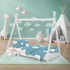 Kinderbett Tipi 80x160 cm Weiß aus Kiefernholz Holzbett mit Lattenrost ML-Design
