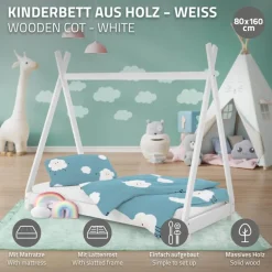 Kinderbett Tipi 80x160 cm Weiß aus Kiefernholz inkl. Matratze H-10cm Holzbett mit Lattenrost ML-Design
