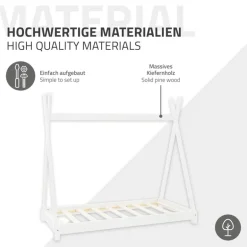 Kinderbett Tipi 80x160 cm Weiß aus Kiefernholz inkl. Matratze H-10cm Holzbett mit Lattenrost ML-Design