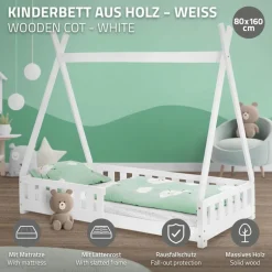 Kinderbett Tipi 80x160 cm Weiß aus Kiefernholz inkl. Matratze H-10cm Rausfallschutz und Lattenrost ML-Design