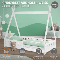 Kinderbett Tipi 80x160 cm Weiß aus Kiefernholz mit Rausfallschutz und Lattenrost Holzbett ML-Design