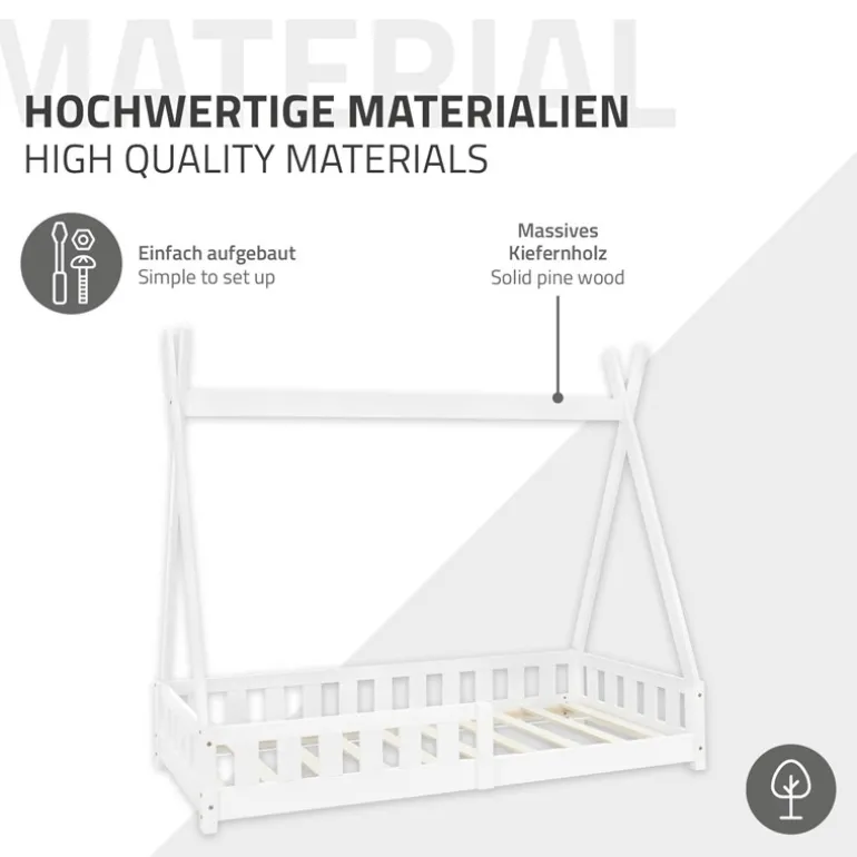 Kinderbett Tipi 80x160 cm Weiß aus Kiefernholz mit Rausfallschutz und Lattenrost Holzbett ML-Design
