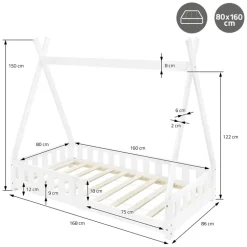 Kinderbett Tipi 80x160 cm Weiß aus Kiefernholz mit Rausfallschutz und Lattenrost Holzbett ML-Design