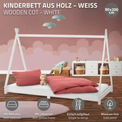 Kinderbett Tipi 90x200 cm Weiß aus Kiefernholz inkl. Matratze H-10cm Holzbett mit Lattenrost ML-Design