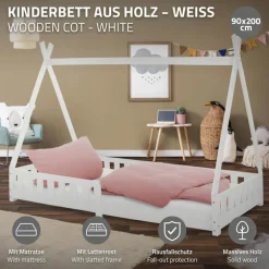 Kinderbett Tipi 90x200 cm Weiß aus Kiefernholz inkl. Matratze H-10cm Rausfallschutz und Lattenrost ML-Design