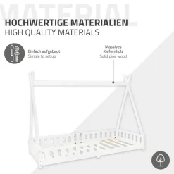 Kinderbett Tipi 90x200 cm Weiß aus Kiefernholz inkl. Matratze H-10cm Rausfallschutz und Lattenrost ML-Design
