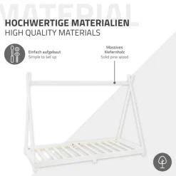 Kinderbett Tipi 90x200 cm Weiß aus Kiefernholz inkl. Matratze H-16cm Holzbett mit Lattenrost ML-Design