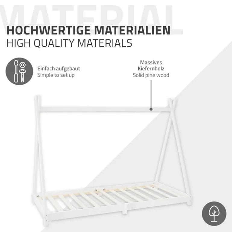 Kinderbett Tipi 90x200 cm Weiß aus Kiefernholz inkl. Matratze H-16cm Holzbett mit Lattenrost ML-Design