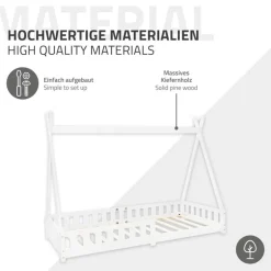Kinderbett Tipi 90x200 cm Weiß aus Kiefernholz mit Rausfallschutz und Lattenrost Holzbett ML-Design