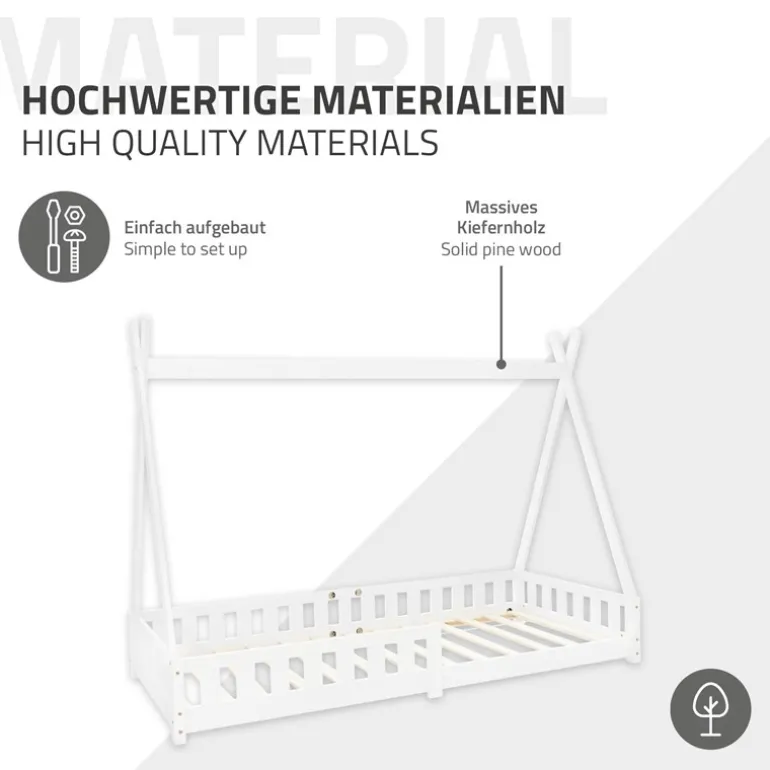 Kinderbett Tipi 90x200 cm Weiß aus Kiefernholz mit Rausfallschutz und Lattenrost Holzbett ML-Design