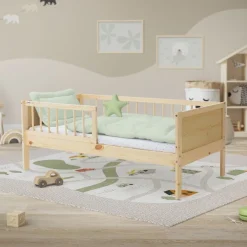 Kinderbett 70x140 cm mit Lattenrost und Rausfallschutz Natur Kiefernholz ML-Design