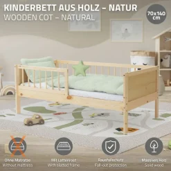 Kinderbett 70x140 cm mit Lattenrost und Rausfallschutz Natur Kiefernholz ML-Design