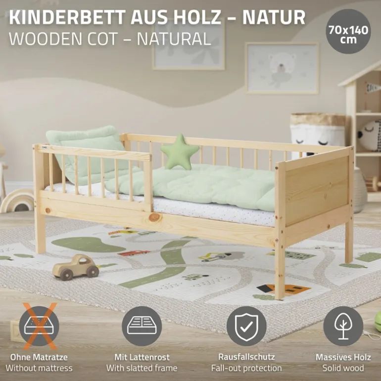 Kinderbett 70x140 cm mit Lattenrost und Rausfallschutz Natur Kiefernholz ML-Design