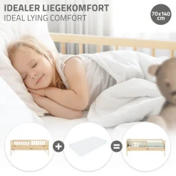 Kinderbett 70x140 cm mit Lattenrost und Rausfallschutz Natur Kiefernholz ML-Design