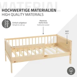 Kinderbett 70x140 cm mit Lattenrost und Rausfallschutz Natur Kiefernholz ML-Design