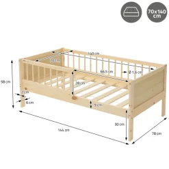 Kinderbett 70x140 cm mit Lattenrost und Rausfallschutz Natur Kiefernholz ML-Design