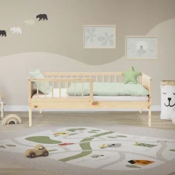 Kinderbett 70x140 cm mit Lattenrost und Rausfallschutz Natur Kiefernholz ML-Design