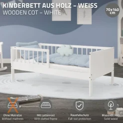Kinderbett 70x140 cm mit Lattenrost und Rausfallschutz Weiß Kiefernholz ML-Design