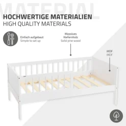 Kinderbett 70x140 cm mit Lattenrost und Rausfallschutz Weiß Kiefernholz ML-Design