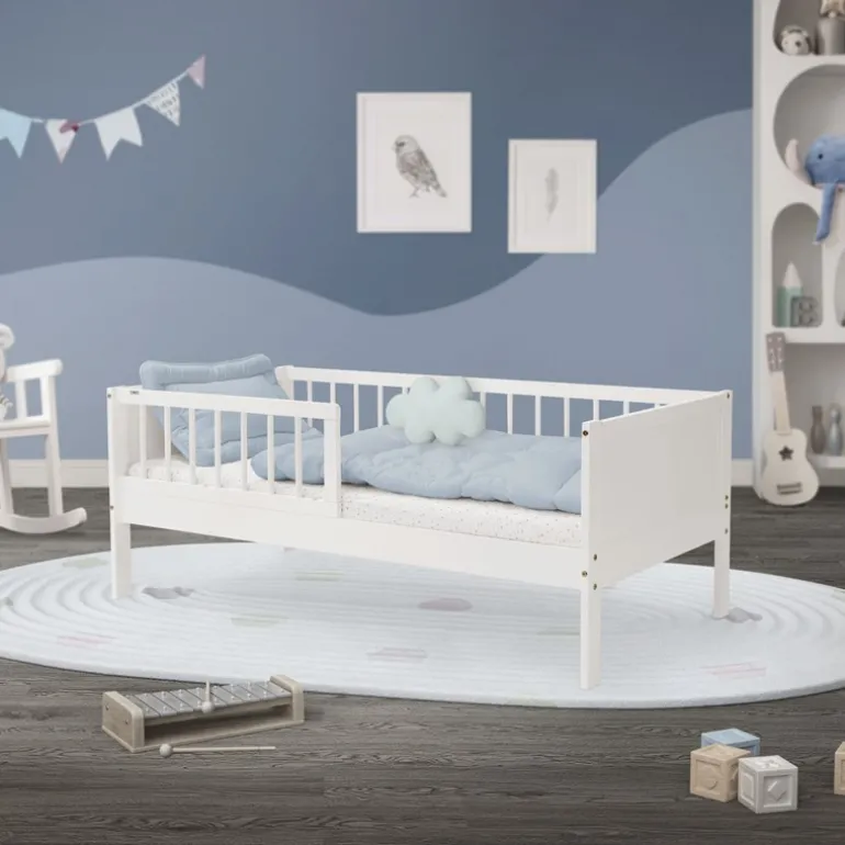 Kinderbett 70x140 cm mit Lattenrost und Rausfallschutz Weiß Kiefernholz ML-Design