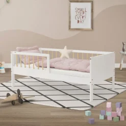 Kinderbett 70x140 cm mit Lattenrost und Rausfallschutz Weiß/Natur Kiefernholz ML-Design