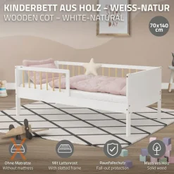 Kinderbett 70x140 cm mit Lattenrost und Rausfallschutz Weiß/Natur Kiefernholz ML-Design