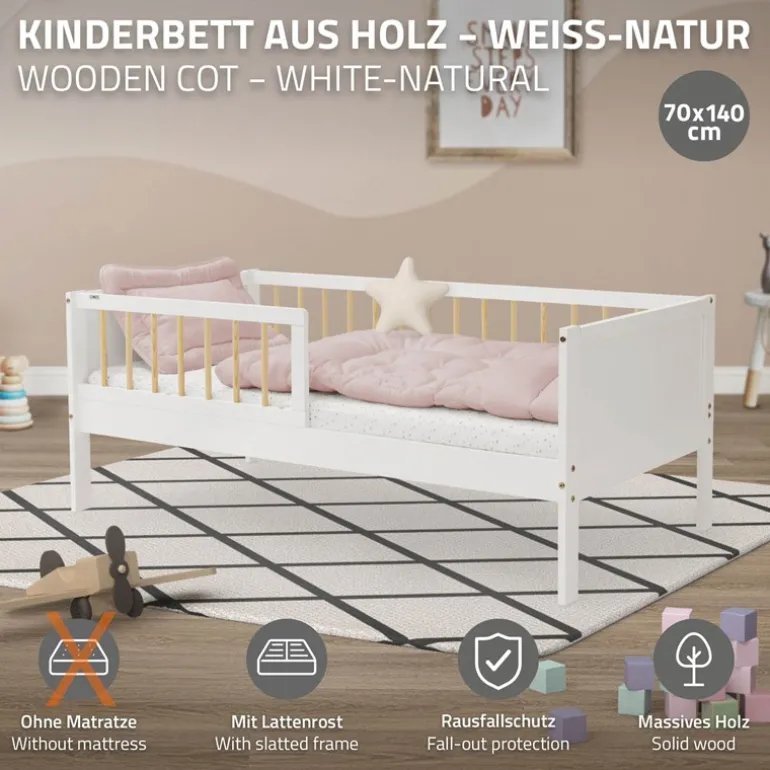 Kinderbett 70x140 cm mit Lattenrost und Rausfallschutz Weiß/Natur Kiefernholz ML-Design
