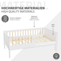 Kinderbett 70x140 cm mit Lattenrost und Rausfallschutz Weiß/Natur Kiefernholz ML-Design